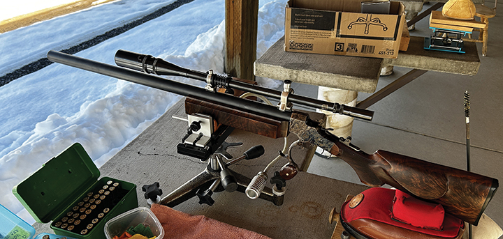 The bench rifle setup. The rifle is chambered in 38-50 Remington Hepburn and is fit with a 16X Unertl scope.